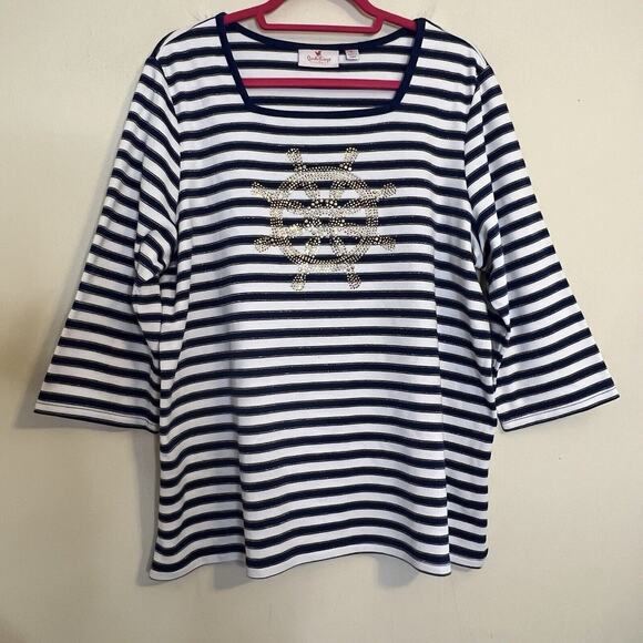 Quacker Factory Blue White Striped Top Size XL Ship’s Wheel 3/4 Sleeve Nautical - Picture 1 of 6
